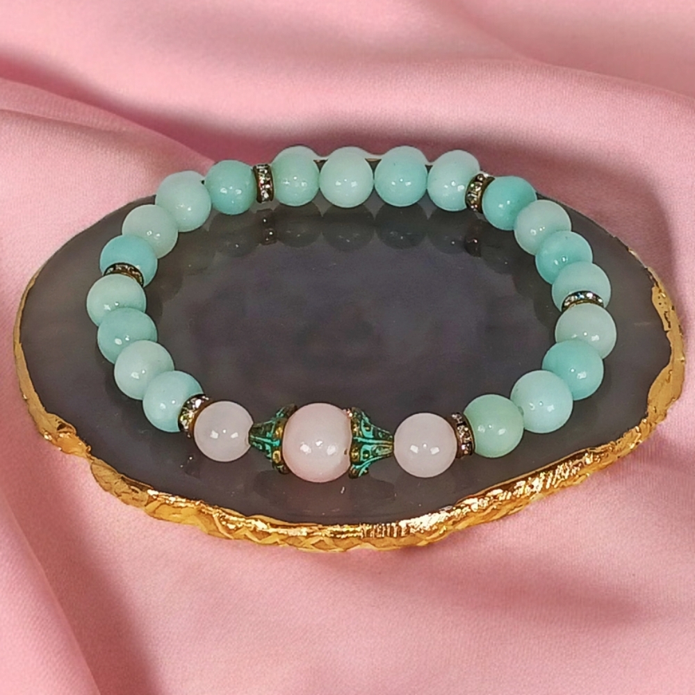 Rose Quartz Crystal Amazonite Mala Bracelet Y2K Soft Girl Mermaidcore Unisex 00s